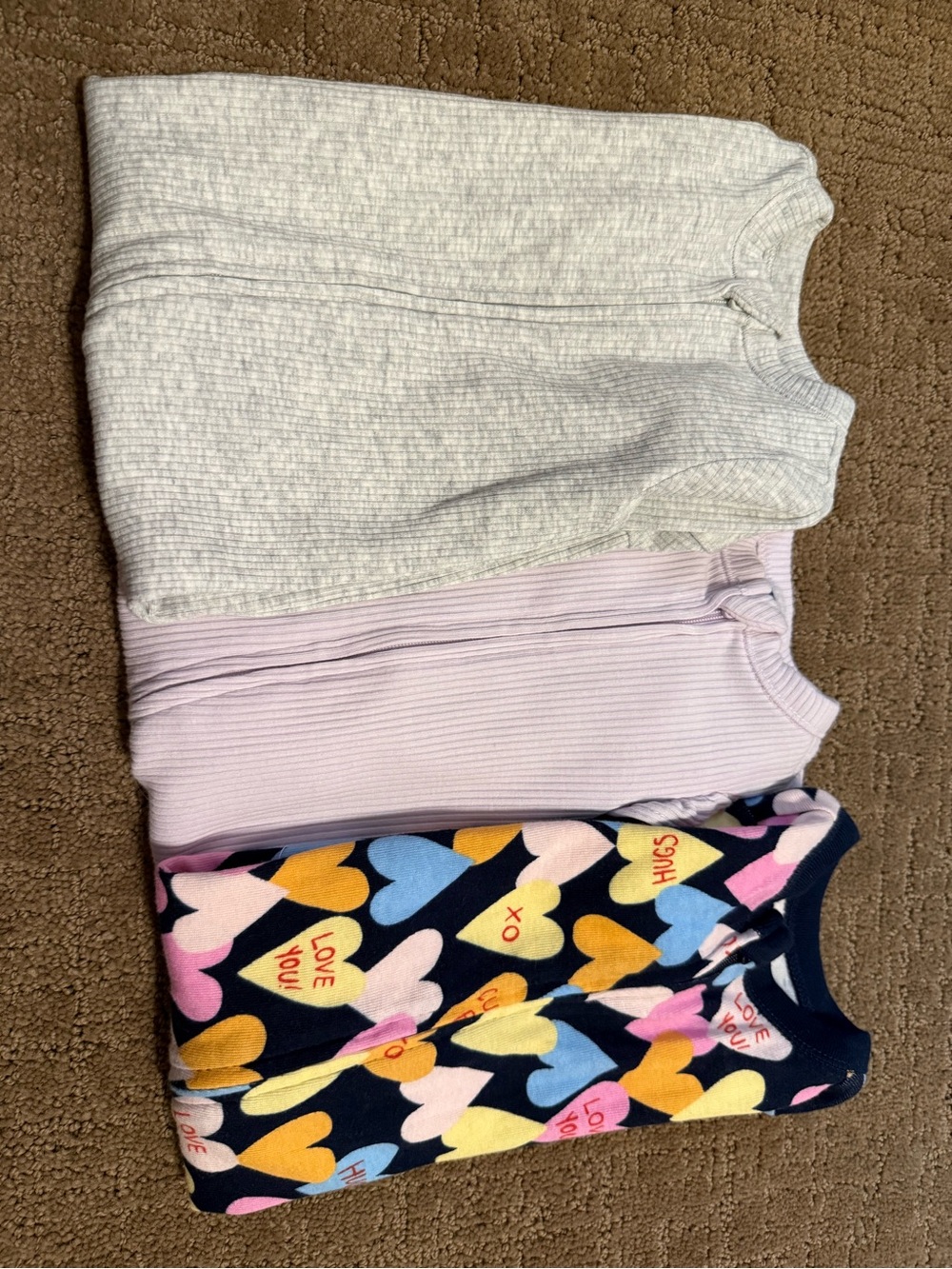 Old Navy Kids Pajama Sleepers in Gray, Light Purple & Navy Heart Print